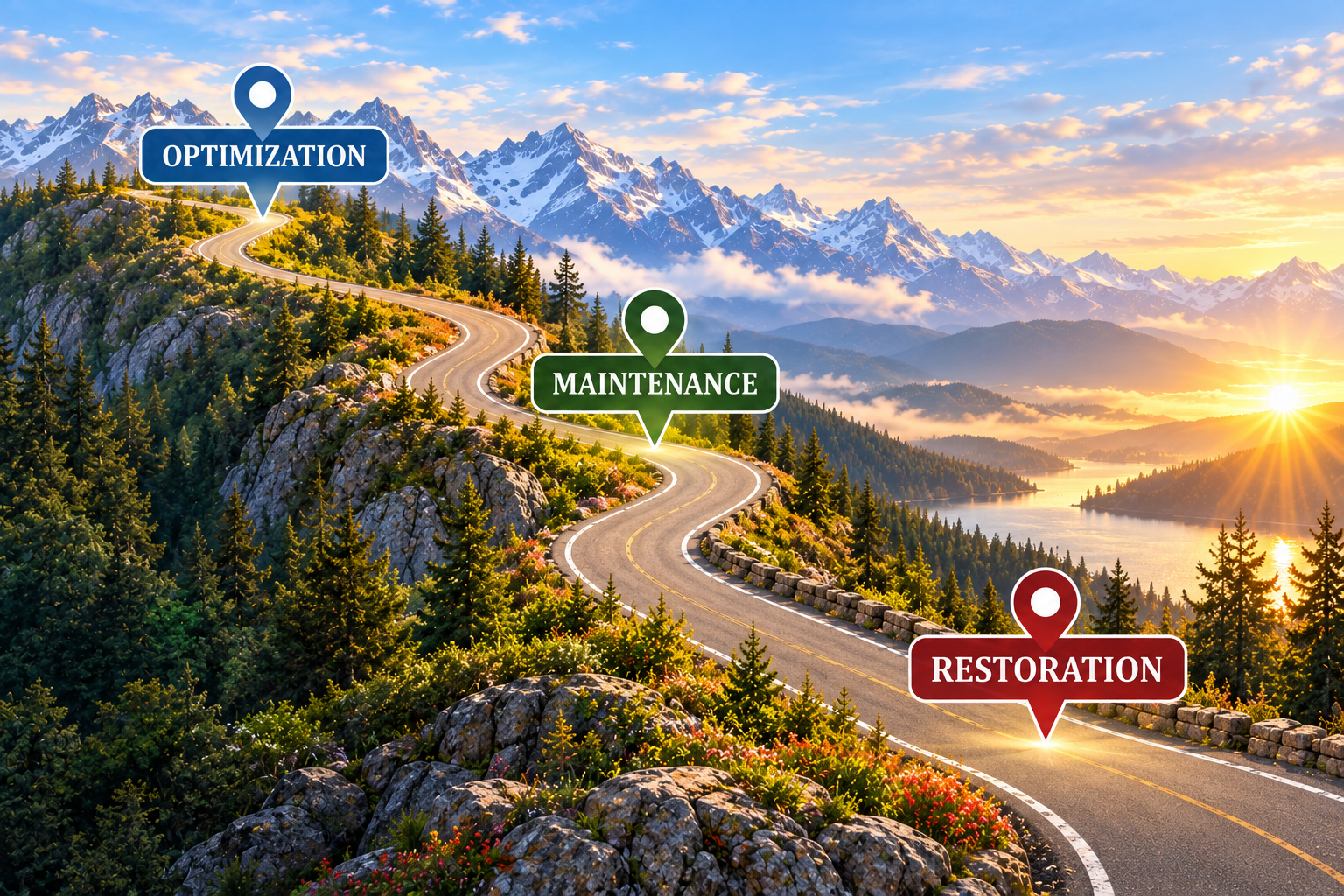 A winding road connecting Restoration, Maintenance, and Optimization