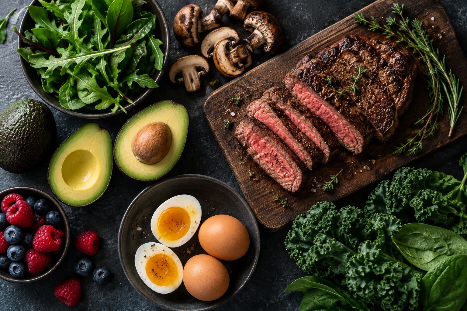 Steak, eggs, avocado, greens, mushrooms, and berries