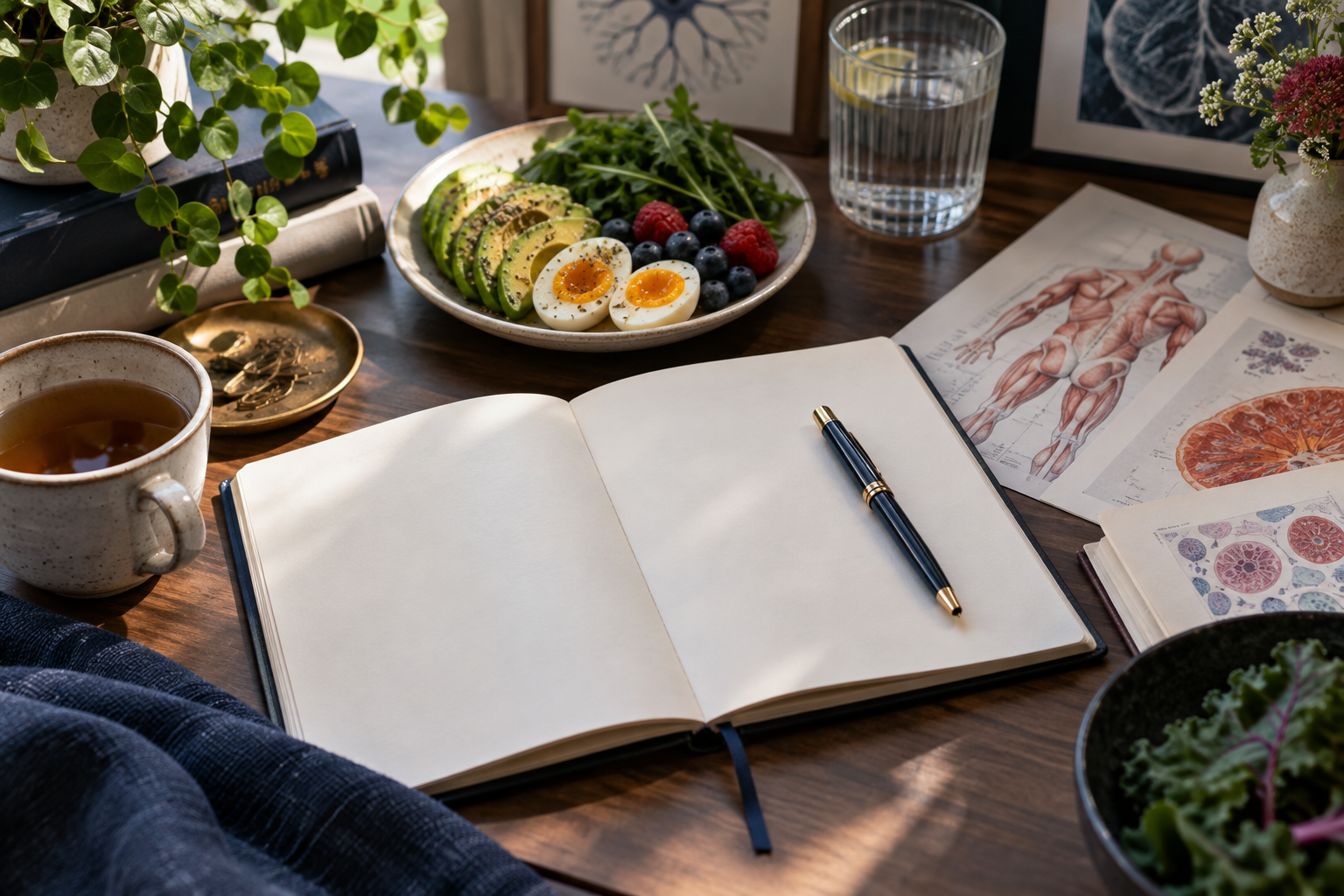 An open notebook beside metabolic health research and nourishing food