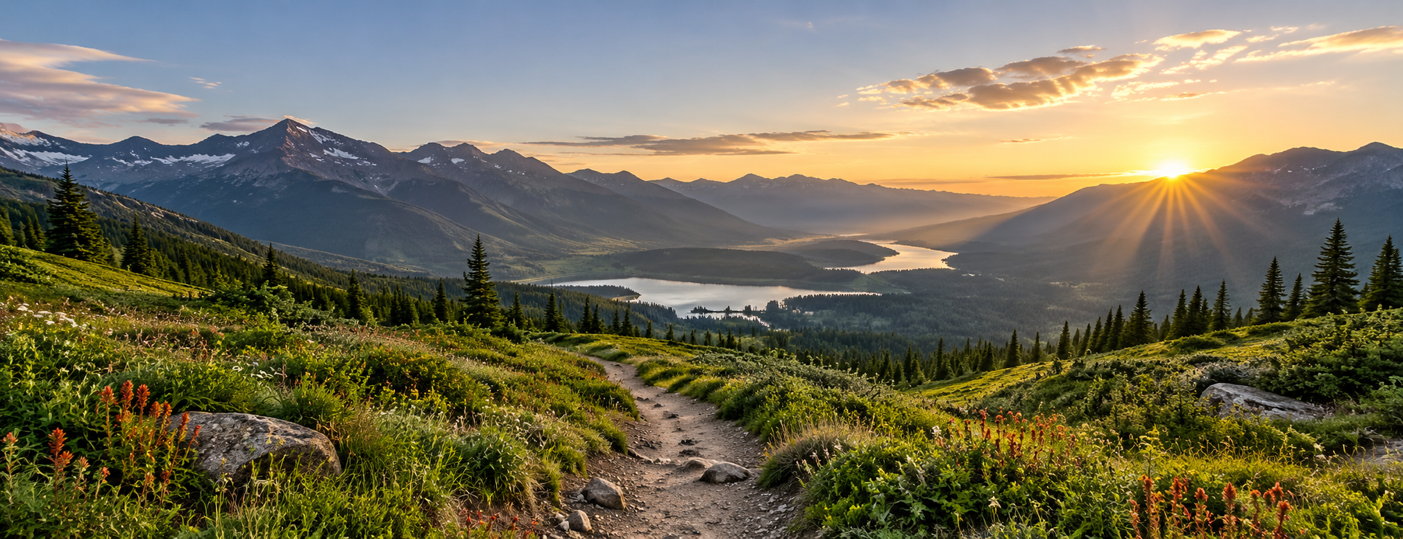 A path through a mountain valley toward the sunrise
