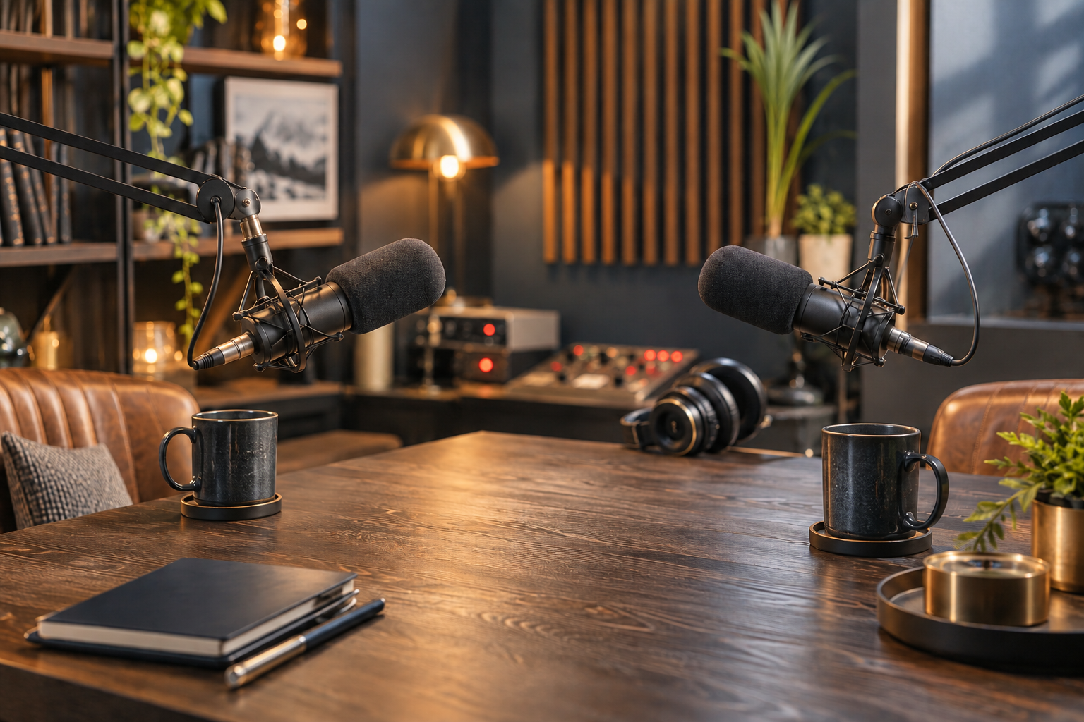 Two microphones facing each other in a welcoming, naturally lit podcast studio